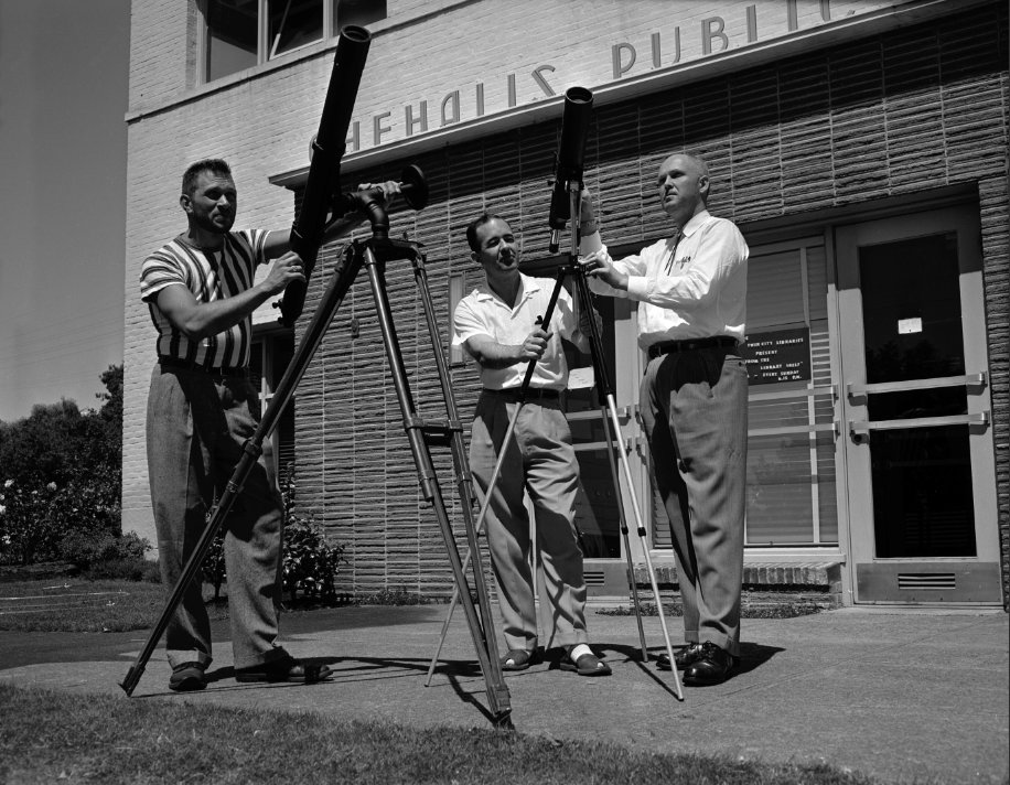 From The Chronicle 1959 archives:  “STAR GAZERS views Venus, Saturn, the moon and other heavenly bodies this week from the Chehalis city library lawn. The free show was arranged by Oscar Smaalders, city librarian, center, in cooperation with three Twin City amateur astronomers. Dick Mitchell, left, Gena Hughes, right, and Roger Cavens, not shown, built the telescopes. The telescopes were set up for the public Tuesday and Wednesday evenings. - Chronicle Staff Photo.”